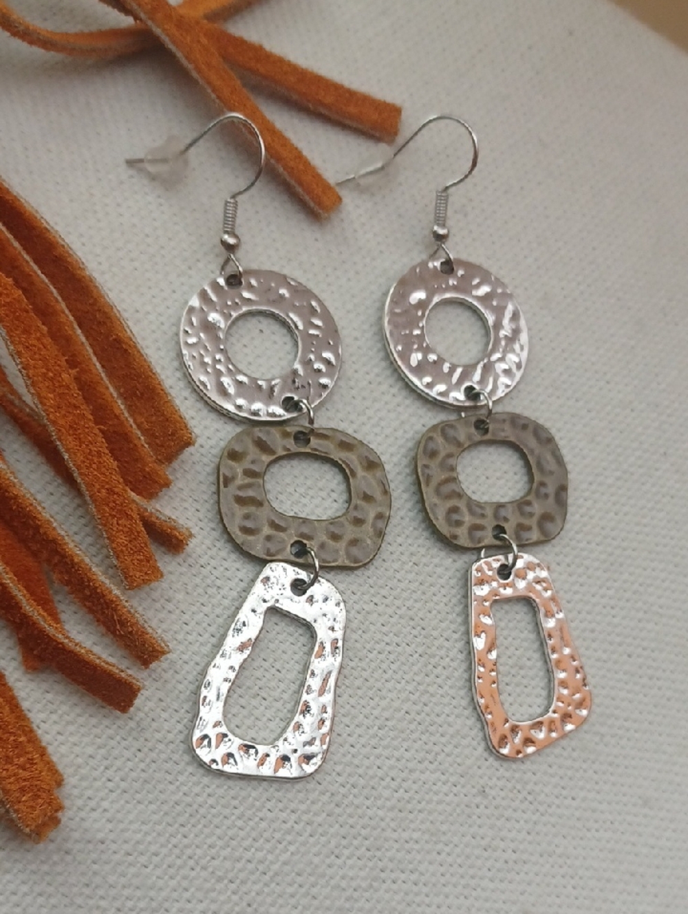 Hammered Mixed-Metal Triple Drop Industrial Cool Dangle Earrings -